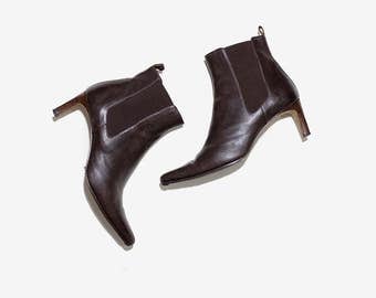 Vintage Chelsea Boots 8.5 / Leather Ankle Boots / High Heel Boots / Brown Leather Boots / Ankle Boots Women
