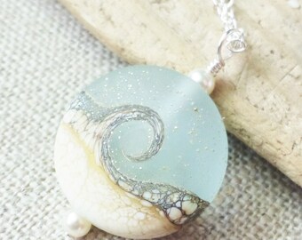 Small Beach Necklace, Lampwork Sea Glass Wave Necklace, Beach Ocean Jewelry, Beach Wedding, Gift For Her, Bridesmaid Gifts, Christmas Gift