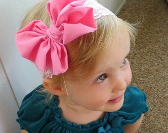 Pink Bow Headband, Big Bow Headband Baby, Pink Hair Bow, Lace Headband Baby, Pink Headband Baby, Pink Baby Headband, Messy Bow Headband