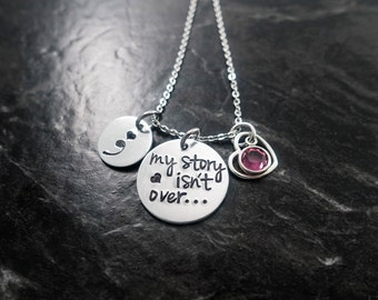 Semicolon Jewelry / Charm Necklace / Semicolon Necklace / Suicide Awareness / Personalized Necklace / My Story isn't over yet / Hand Stamped