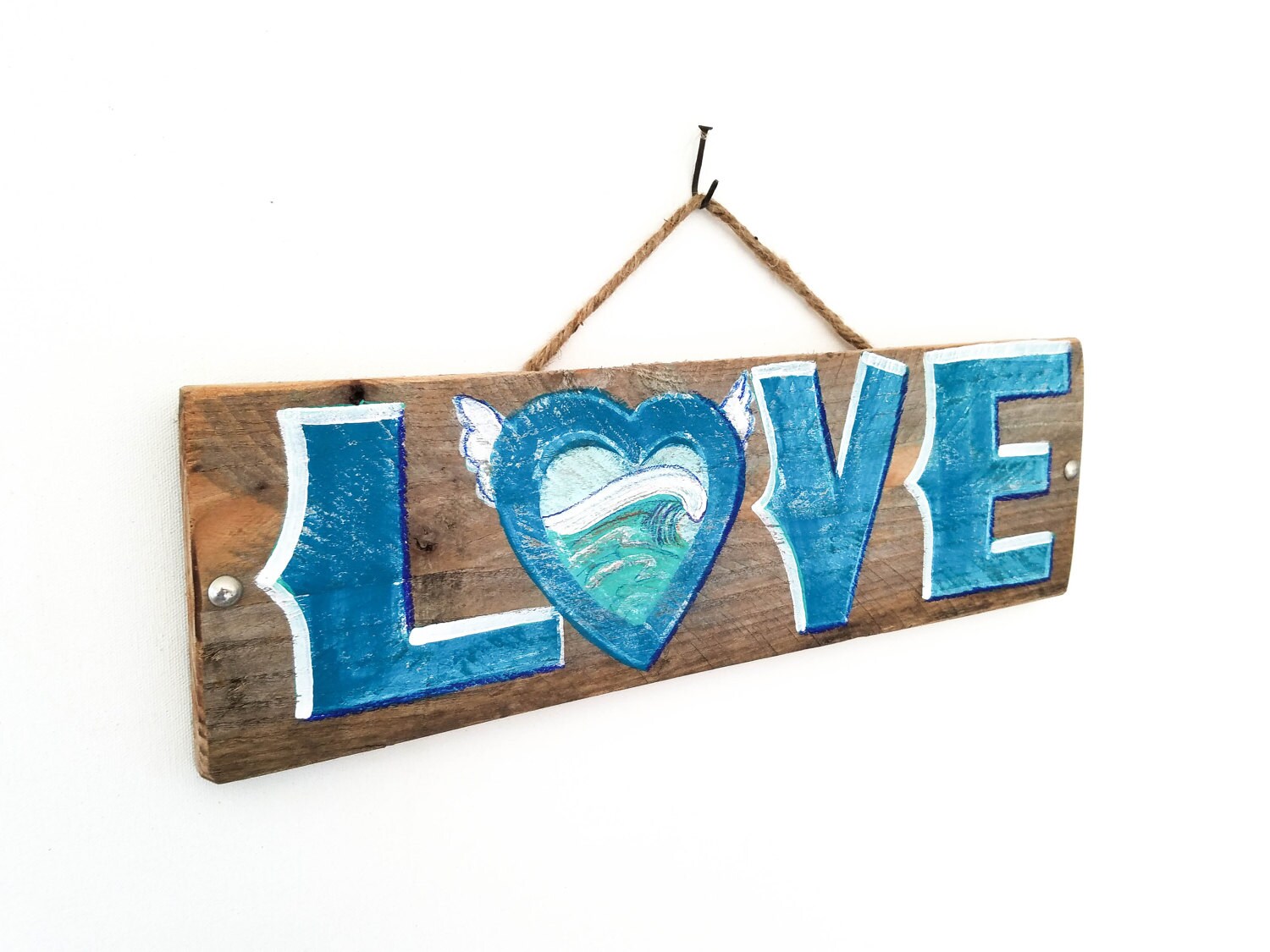 Blue Love Sign Handmade on Reclaimed Wood Rustic Wedding Love