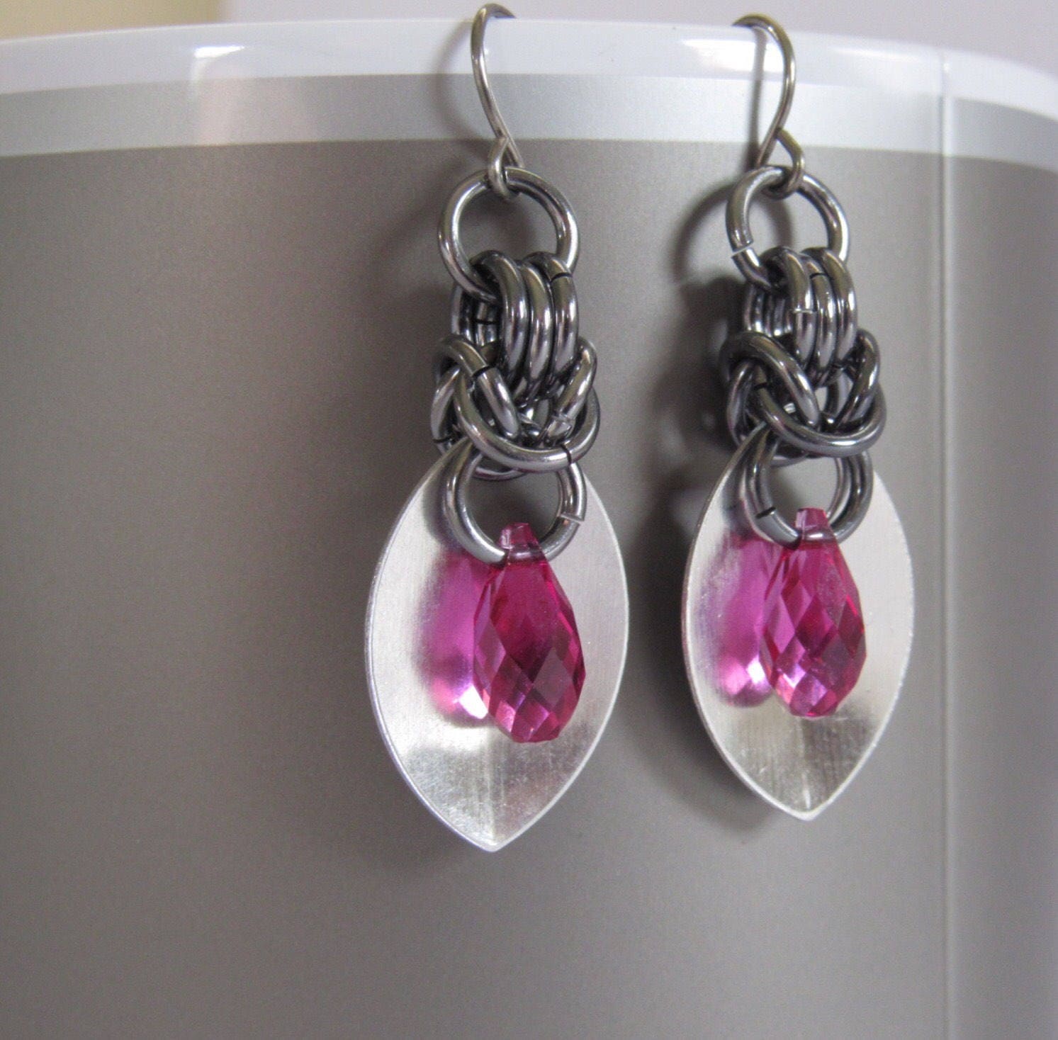 Silver Scale Earrings Pink Crystal Chain mail Earrings