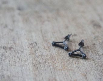 black tourmaline tiny triangle studs, oxidized sterling silver earrings