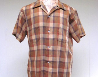 Vintage 1960s Mens Shirt / 60s Brown Plaid Short Sleeve Towncraft Shirt / Large