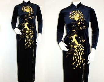 Midnight Blue Beaded Velvet Cheongsam Gown / Yellow Sequin Puffy Peacocks Bombshell Pinup Bodycon Party Dress