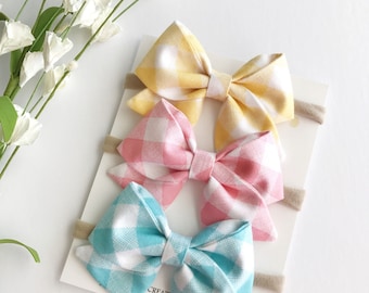 Baby Headbands - Baby Bows - Bow Headband - Easter Bows - Easter Headbands - Nylon Headbands - Gingham Bows - Sailor Bows - Fabric Bow Clip