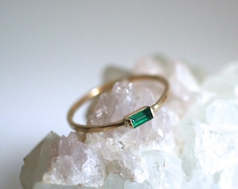 emerald ring, baguette wedding band, engagement 14k rose white gold, may birthstone, minimal stack dainty green ring