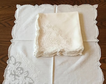 White Linen Napkins Whitework Embroidered Linen Mosaic Lace Italian Punchwork Lace Mosaic Work Table Linen Vintage Embroidery Napkin Set