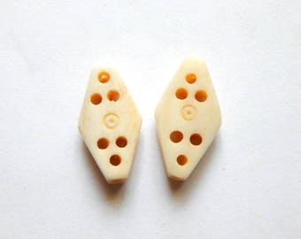 Diamond Shaped Bone Beads - 23X13mm Hand Carved Genuine Bone Beads, 2 PC (INDOC26)
