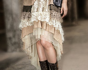 Lace layered skirt steampunk skirt lace skirt long skirt Retro Vintage Ivory Beige Lace High Low Long Victorian Gothic Skirt Summer skirt