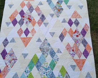 Large Diamond Lap Quilt, Modern Quilt, Handmade Quilt, Orange Purple Green and Blue Quilt, Homemade Quilt