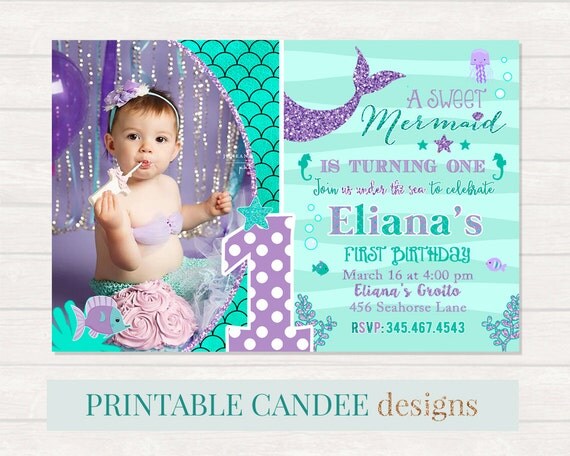 Mermaid 1st Birthday Invitation, Mermaid Invite, Under The Sea Party, Teal Purple Mermaid Invitation, Adorable Mermaid Birthday