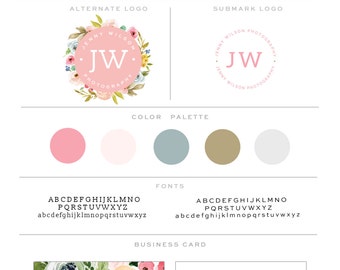 Branding Kit, Premade Branding Package, Photography Logos and Watermarks, Watercolor Floral Wreath Marketing & Branding Set bp79
