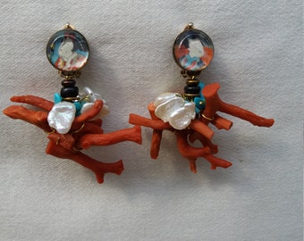 GEISHA. Boucles d'oreilles clips en matières naturelles (corail, turquoise, perle d'eau douce, cristal de roche)