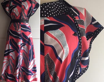 Vintage 1980s Jeanne Marc Abstract Leaf Print Dress, Red Black Vlue White & Silver Print Frock