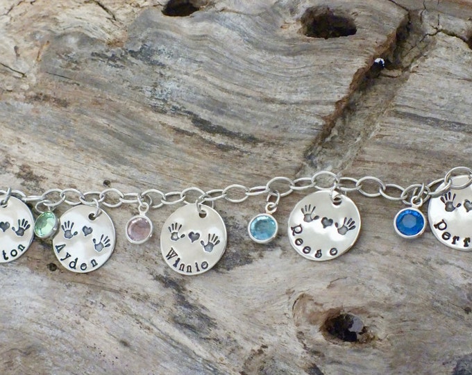 Personalized Sterling Silver Birthstone Bracelet with Hand Stamped Names