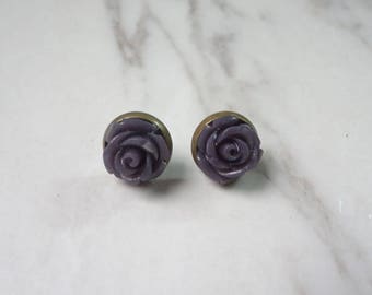 Seafoam Black Rose Flower Brass Stud Earrings 0361