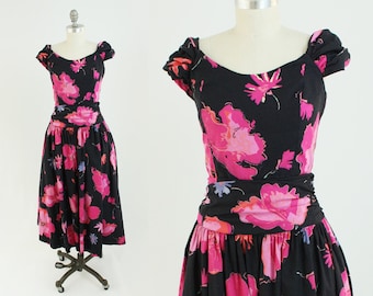 Vintage 80s Laura Ashley Dress - A Line Cotton Floral Summer Day Sundress in Pink and Black - Garden Party Tea Dress - Medium to Large