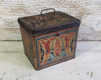 1920s Art Deco Primitive Tin Box, Antique Biscuit Tin, Orange Blue Gold, Uneeda, Patina Distress, Vintage Tin Box, Farmhouse Antiques