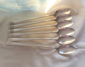 Silverplate Iced Tea Spoons 7 3/4"- Set of 6 - Mountain Rose 1954 by Rogers