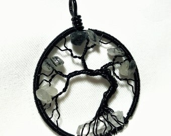 Quartz Tree-of-Life Pendant, Tourmalated Quartz Tree of Life Necklace, Black Tree of Life Jewelry