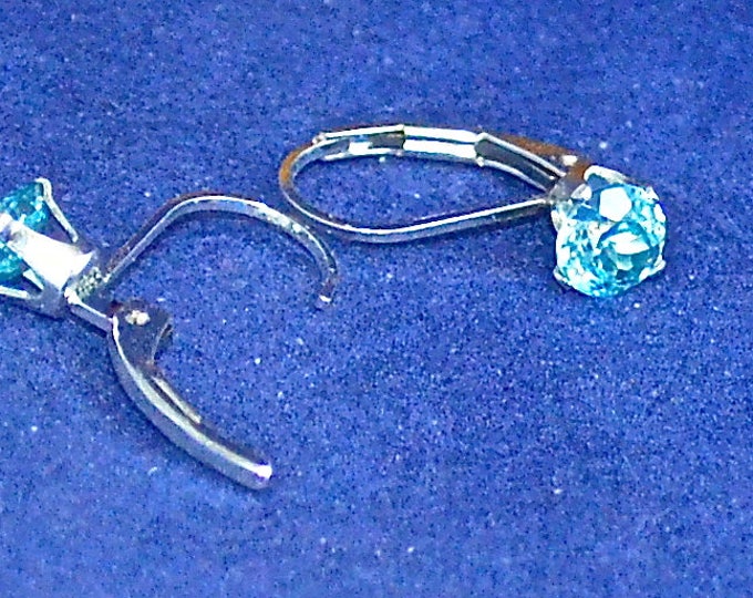 Blue Zircon Leverback Earrings,Small 4mm Round, Natural, Set in Sterling Silver E1045