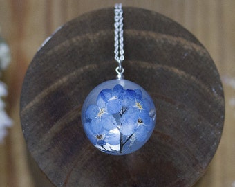 Forget Me Nots Necklace - Flower Globe , Gifts For Her , Memorial Necklace , Something Blue , Resin Necklace , Bridal Jewelry , Real Flower
