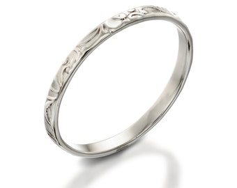 White gold wedding band, floral wedding ring, floral stacking ring, delicate thin wedding ring, 14k gold stacking ring, white gold ring