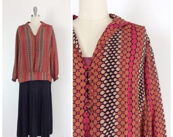 30s Floral Silk & Crepe Blouse and Dress Set / 1930s Vintage Summer Sun Dress / Large / Size 14