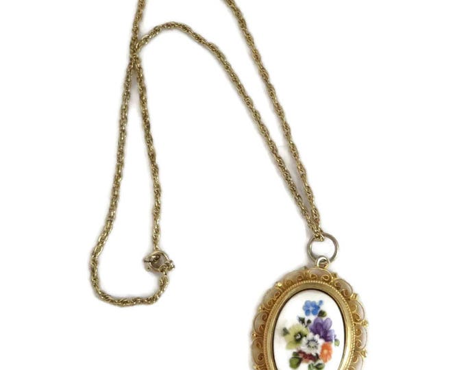 Italian Cameo Pendant, Vintage Porcelain Oval Flower, Gold Tone Pendant Necklace, Gift for Her