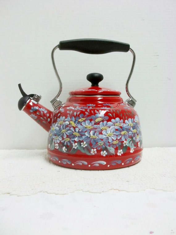 Tea Kettle Red Enamel Whistling Hand Painted Design Blue