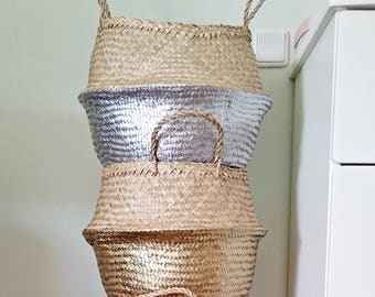 Olivia Seagrass Belly Basket / Gold,Silver / Panier Boule / Storage Basket / Laundry Basket / Planter Basket / Toy Storage / Beach Bag