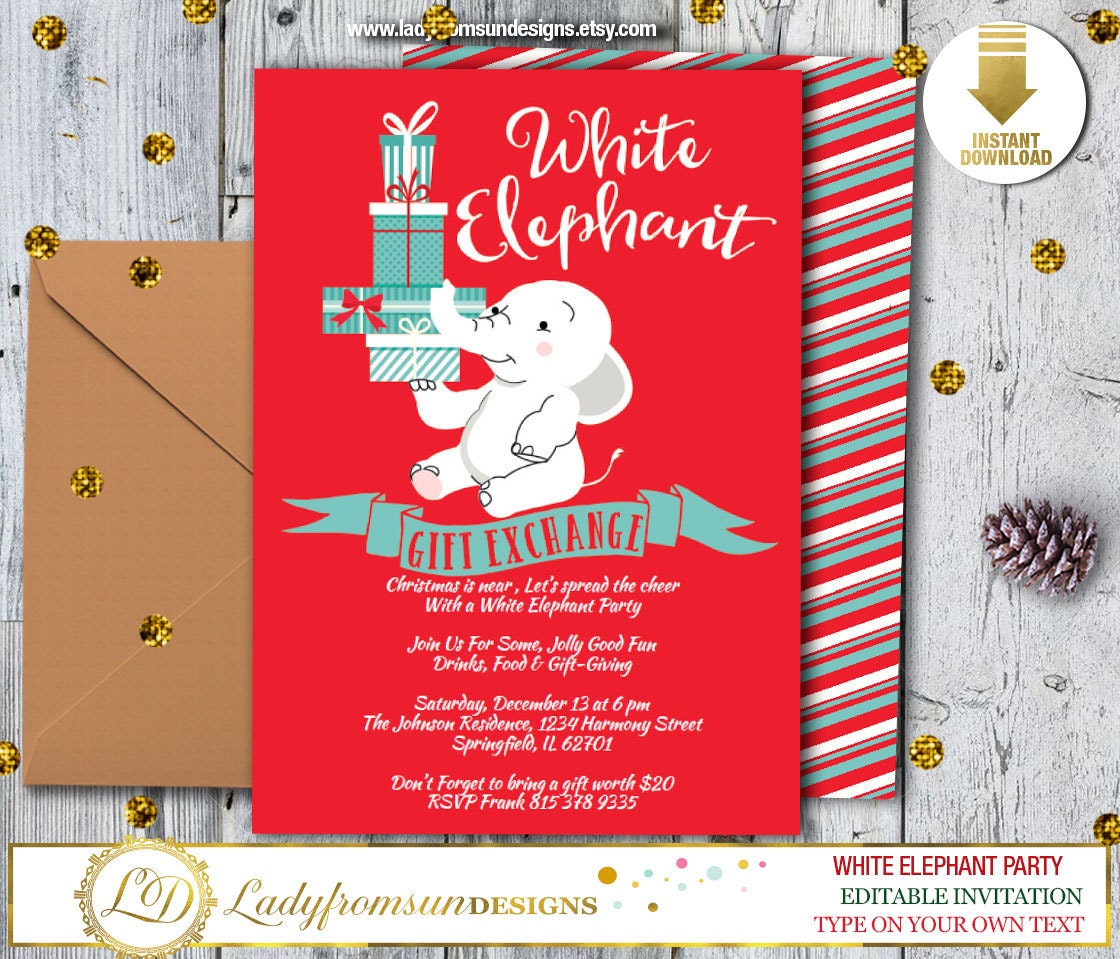 White Elephant Christmas Party InviteHoliday by Ladyfromsundesigns