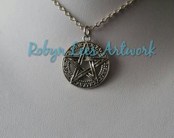 Silver Tetragrammaton Pentagram Necklace on Silver Crossed Chain or Black Faux Suede Cord. Gothic, Pagan, Wiccan, Costume