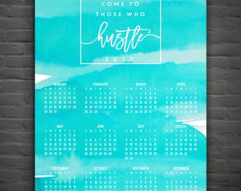 2017 Wall Calendar: Hustle // Watercolor // Teal // Aqua // Annual Calendar // At A Glance Calendar // Office Quote // Office Decor