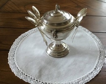 Vintage Italian Made Silver Plate Demitasse Sugar Bowl with Spoon Holder - including 6 demitasse spoos