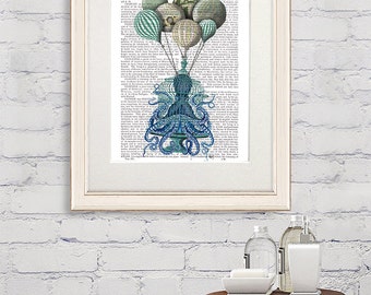 Nautical Decor Octopus Birdcage and Hot air Balloons - nautical bathroom octopus poster octopus nursery art Octopus Artwork octopus wall art