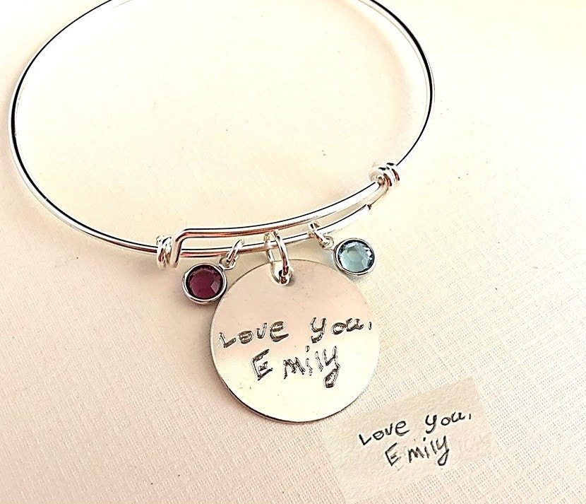 Custom Handwriting Jewelry Expandable Sterling Silver Bracelet / Adjustable Actual Handwriting Bracelet with birthstone Large Coin  Memorial