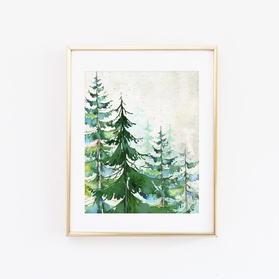 Watercolor Evergreen Trees 8x10 Printable Art Print Nursery