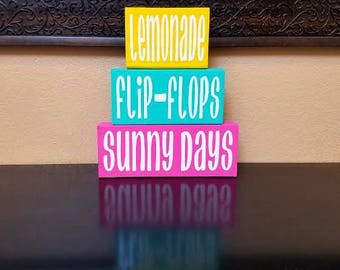 Summer Wood Blocks - Summer Blocks - Summer Decor - Summer Wood Decor - Lemonade - Flip-Flops - Sunny Days - Seasonal Decor