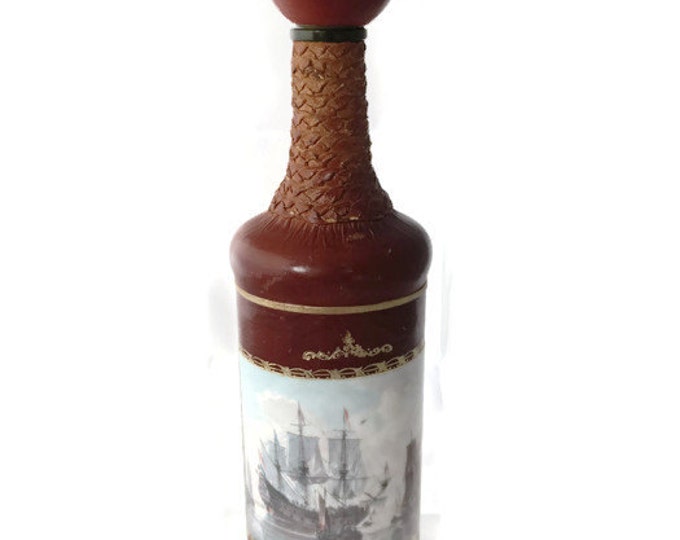 Italian Leather Wrapped Decanter | Nautical Vintage Home Decor | Old World Sail Boat Mighty Ships | Vintage Home Decor
