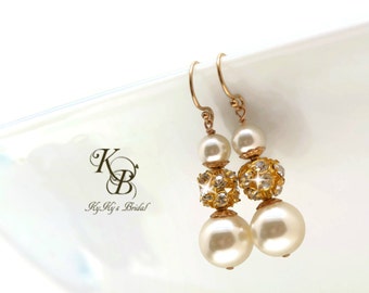 Gold Bridal Earrings Pearl Bridal Earrings Pearl and Rhinestone Earrings Wedding Jewellery Bridal Jewelry Pageant Jewelry Pearl Earring