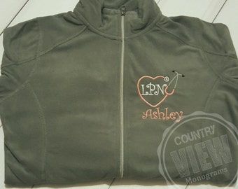 Women's heart shaped stethoscope fleece jacket with Name and title- Nurse RN LPN- YOUR choice of color and font options.