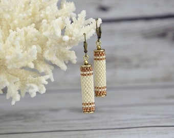 Bridal Earrings Wedding earrings Beige earrings for women bridal jewelry Beaded earrings dangle earrings Tube earrings Seed Bead Earrings