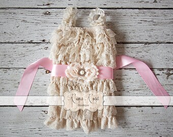 Lace Romper & Sash - Cream - Ruffle Romper, Baby 1st Birthday Outfit, Vintage Flower Girl, Ivory Lace Romper, Baby Toddler Girls 3Mo - 8Yr