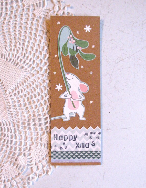 Bookmark Handmade Christmas Winter Mouse Mistletoe Paper