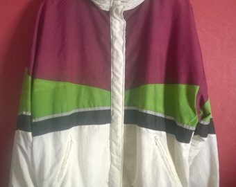 Vintage 80s90s Windbreaker VINTAGE 1980s90s WINDBREAKER Green mauve white Track Jacket Zip Up Retro Medium M Activewear ZipUp Colorblock