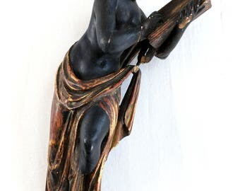 Antique neoclassical polychrome and ebonized wood figurine finial