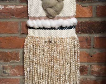 Woven wall hanging | drift wood | tissage | tuquoise + cream + tope