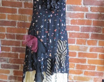 Hand Made Upcycled Wearable Art Clothing|Art To Wear| Rayon Printed Asymmetrical Sleeveless Jumper Dress|Funky|Gypsy|Bohemian Dresses
